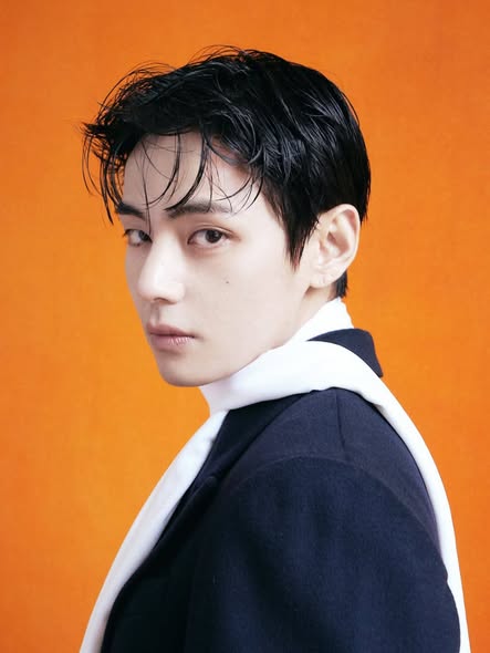 V with slicked-back dark hair, wearing a black jacket and white scarf, set against a bright orange background.