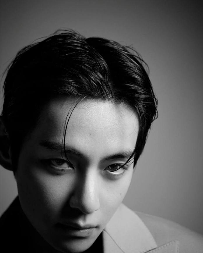 V with dark hair and a serious expression, set against a gray background.