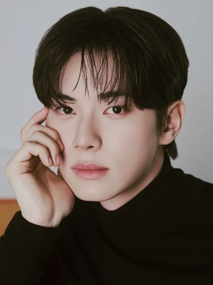Lee Chae-min with straight dark hair is posing with one hand resting on their cheek, wearing a black turtleneck sweater. The background is softly blurred, highlighting their facial features.