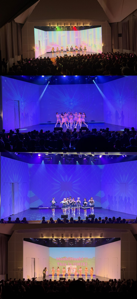 A multi-level view of a stage performance featuring a large audience, with colorful lighting and various musical performances across three different scenes.