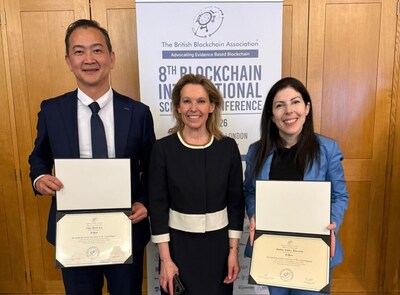 Chia Hock Lai (left), Co-Founder, Asia CEO and Group Chief Digital Assets Officer of Embed Financial Group Holdings (EFGH), with Natalie Elphicke (centre), a Member of the UK Parliament involved in policy discussions on technology and innovation, and Joshua Ashley Klayman (right), a partner at Linklaters and a leading advisor on digital assets and financial regulation, at ISC2026 in London, where he was inducted into the Fellowship of the British Blockchain Association. PHOTO: EFGH
