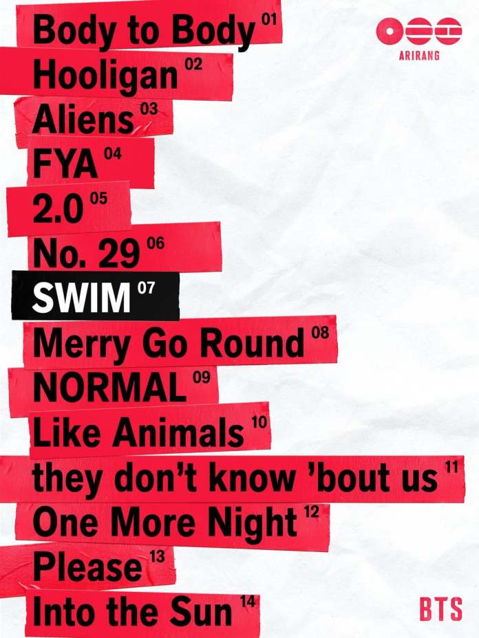Tracklist with song titles from the ARIRANG album, including 'Body to Body', 'Hooligan', and 'SWIM', displayed in bold text on a white background.