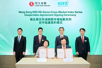 (Front left to right), Anita Mo, Director, Chief Executive Officer and Head of Client Management, Hang Seng Indexes Company and Kil Hyun Ahn, Director General, Index Business, Korea Exchange, Inc. sign an index cooperation agreement to debut their first co-branded HK-Korea cross-market index series. The signing ceremony is witnessed (back row, left to right) by Gilbert Lee, Executive Chairman, Hang Seng Indexes Company; Joseph Chan, Under Secretary for Financial Services and the Treasury of the Hong Kong Special Administrative Region Government; Sunghwan Chun, Acting Consul-General of the Consulate General of the Republic of Korea in Hong Kong; and Buyeon Yi, President, Future Strategy Division, Korea Exchange, Inc.