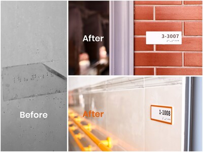 The outdated, fragile braille tape (left) was replaced by LC Sign’s robust, high-contrast braille signage (right), significantly improving accessibility and independence for visually impaired students at Qiming School.