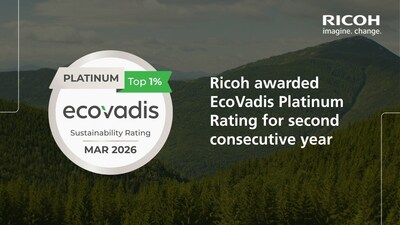 Ricoh achieves EcoVadis Platinum rating for the second consecutive year, positioning the company in the top 1% of businesses evaluated worldwide. (PRNewsfoto/Ricoh Asia Pacific Pte Ltd)
