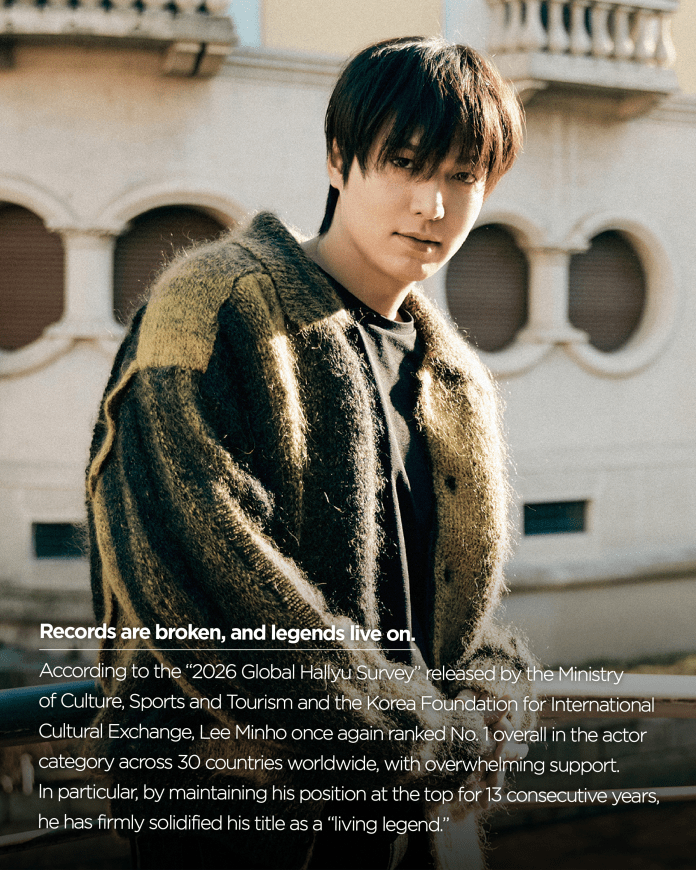 Lee Minho wearing a stylish, oversized sweater with a serious expression, standing outdoors with architecture in the background.