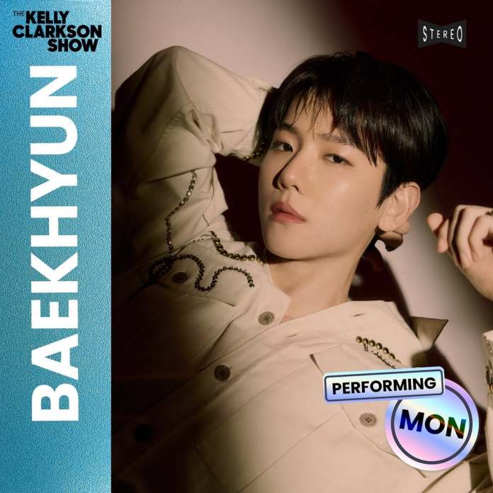 Promotional image of Baekhyun from the Kelly Clarkson Show, featuring the text 'PERFORMING MON' alongside his portrait.
