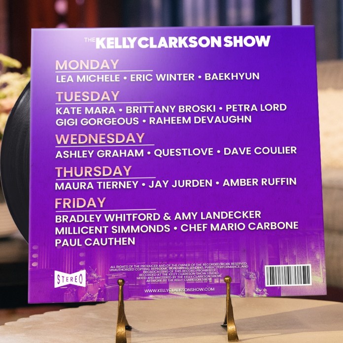 Schedule for The Kelly Clarkson Show featuring guest appearances for each day of the week.