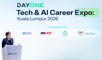Jamie Khoo, CEO of DayOne, gave her welcome address at the Tech & AI Career Expo Kuala Lumpur 2026.
