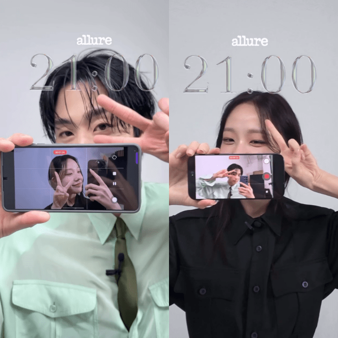 A split image featuringAhn Hyo-seop and Chae Won-bin taking selfies with their smartphones. On the left, Ahn Hyo-seop in a green shirt makes a peace sign while showing the phone's screen displaying Chae Won-bin. Chae Won-bin in a black shirt also poses for the camera, holding their phone which reflects Ahn Hyo-seop. The top displays the text 'allure' and the time '21:00'.