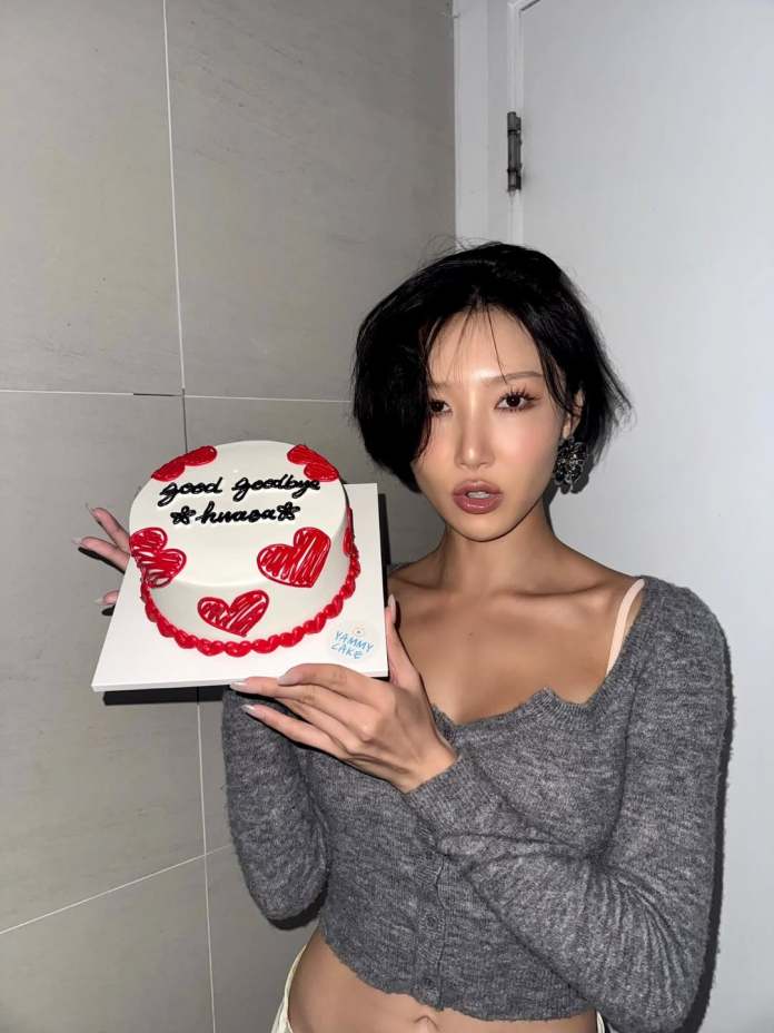 Hwasa holding a cake with red hearts and the text 'Good Goodbye Hwasa' written on it, posing in front of a light-colored wall.