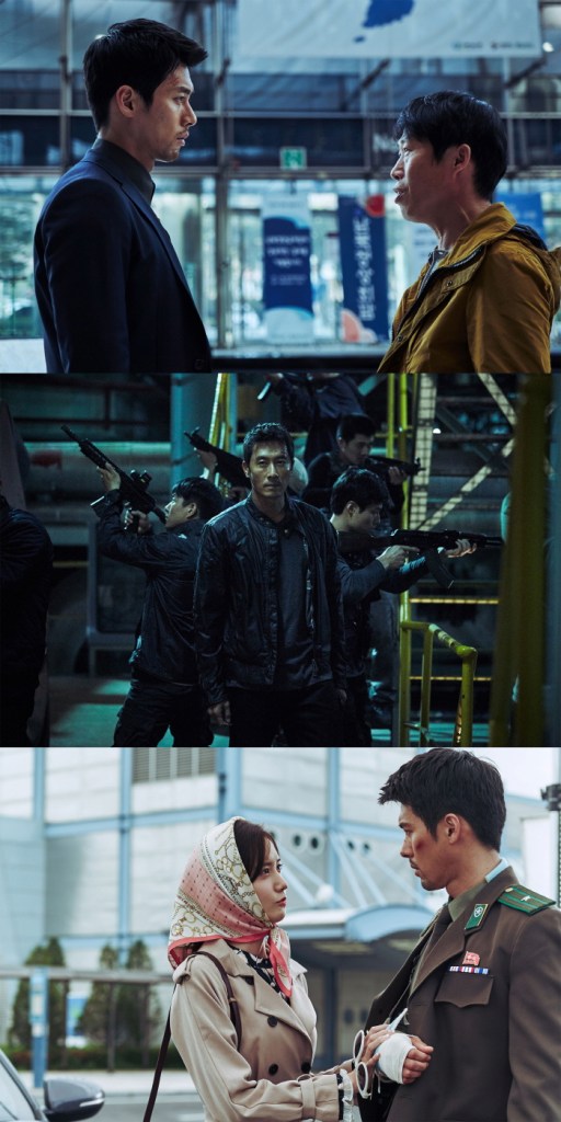 Hyun Bin in business attire, one in a black suit and the other in a yellow jacket, set in an urban environment.