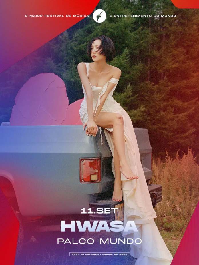 Hwasa in a white dress seated on the back of a pickup truck with green foliage in the background, promoting an event featuring Hwasa on September 11th.