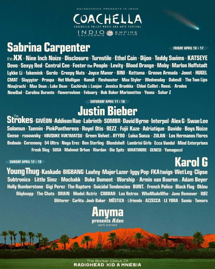 Coachella music and arts festival lineup poster featuring artists Sabrina Carpenter, Justin Bieber, Karol G, BIGBANG and many others, along with event details and dates.