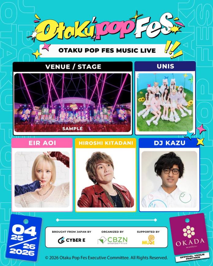 Promotional graphic for Otaku Pop Fest Music Live featuring the event details, stage design, and performer images including UNIS, Eir Aoi, Hiroshi Kitadani, and DJ Kazu.