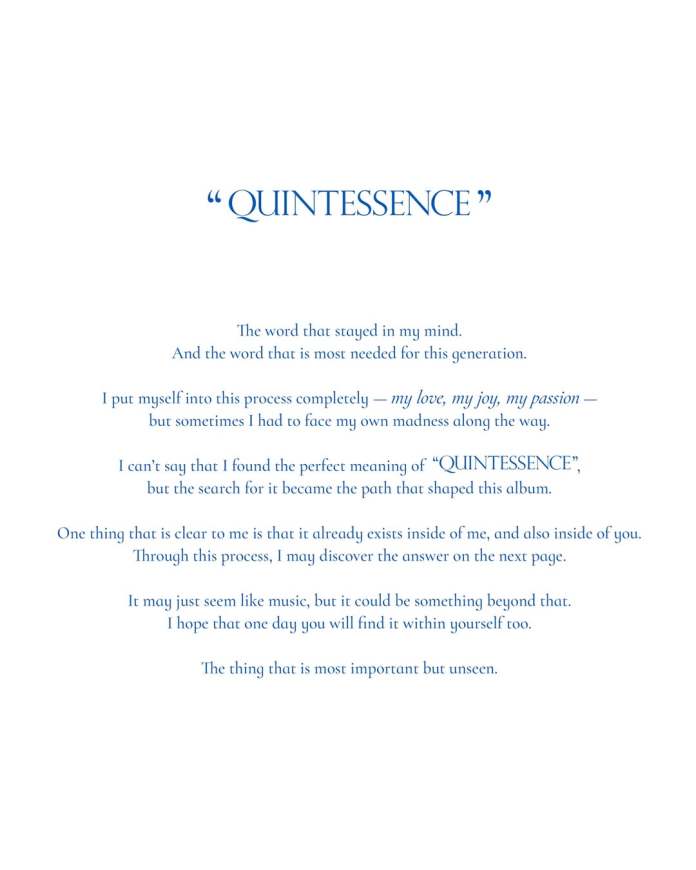 "QUINTESSENCE" title page with reflective text discussing the importance of the word quintessence, the personal journey of self-discovery, and the search for meaning in the creative process.