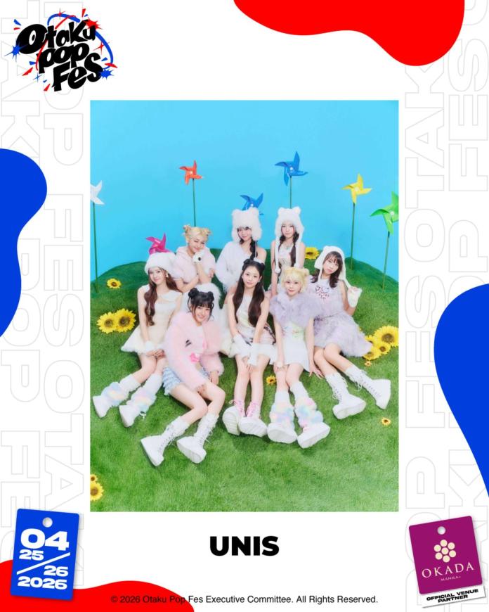 UNIS members dressed in colorful outfits with furry hats and accessories, posing in front of a blue background and colorful pinwheels, surrounded by sunflowers, promoting Otaku Pop Fest.