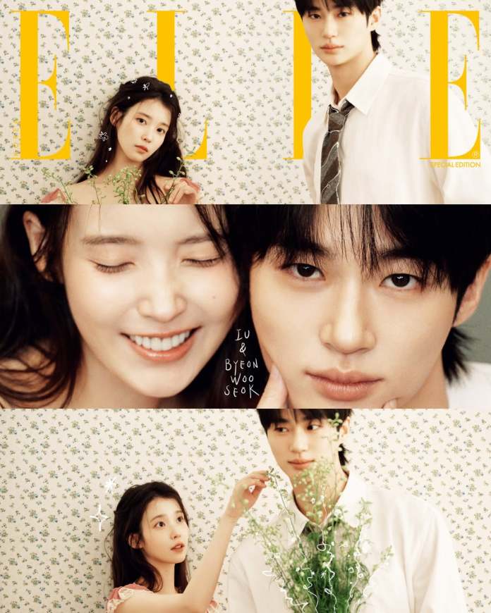 A fashion shoot featuring IU and Byeon Woo-seok, with IU in a floral background holding a plant, and Byeon Woo-seok in a white shirt gazing at her. The image includes a playful portrait of IU and Byeon Woo-seok together, with bright smiles and expressive poses.