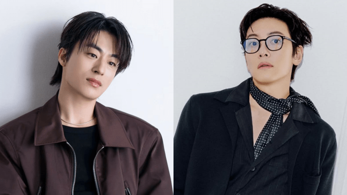 A side-by-side portrait of tKoo Kyo-hwan and Ji Chang-wook, Koo Kyo-hwan is wearing a brown jacket and Ji Chang-wook is dressed in a black outfit with glasses and a polka dot scarf, both featuring stylish hairstyles against a light backdrop.