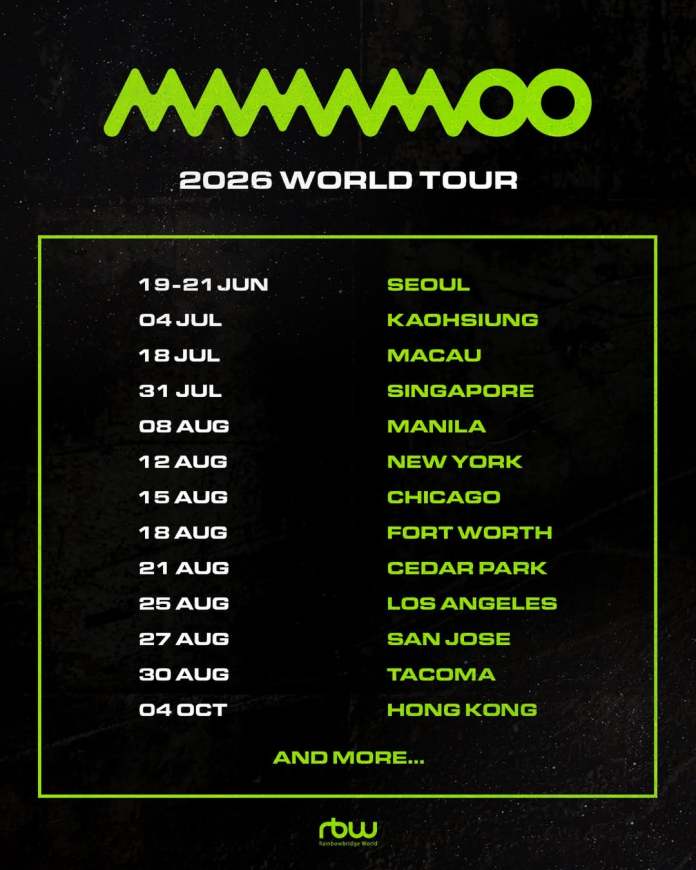 Promotional poster for MAMAMOO's 2026 World Tour with dates and locations listed.