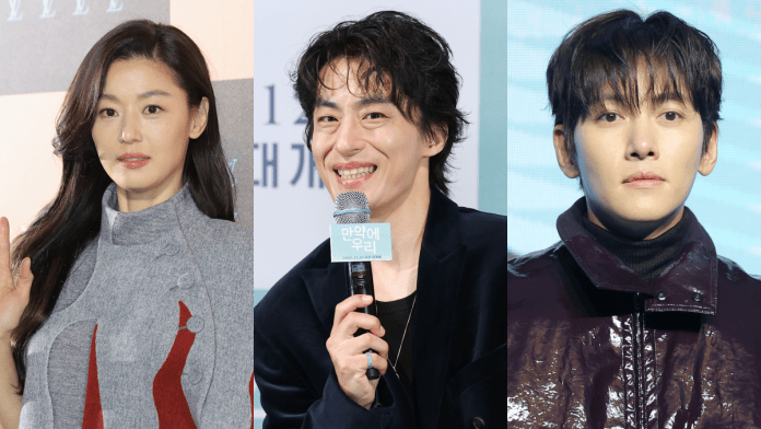 A collage of Jun Ji Hyun, Koo Kyo-hwan and Ji Chang Wook: on the left, Jun Ji Hyun with long, straight hair wearing a grey outfit; in the center, a smiling Koo Kyo-hwan holding a microphone; on the right, Ji Chang Wook with short hair wearing a dark jacket, looking serious.
