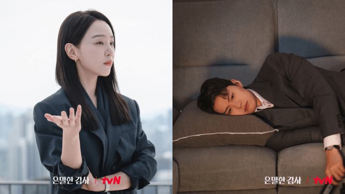 Shin Hye Sun in a stylish black blazer stands confidently, looking off into the distance with a hand gesturing thoughtfully. Gong Myung laying down on a brown couch while dressed in a suit and looking sad.