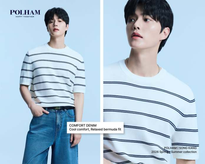 Song Kang wearing a white striped T-shirt paired with relaxed denim shorts, posed against a light blue background, showcasing the 2026 Spring/Summer collection from Polham.