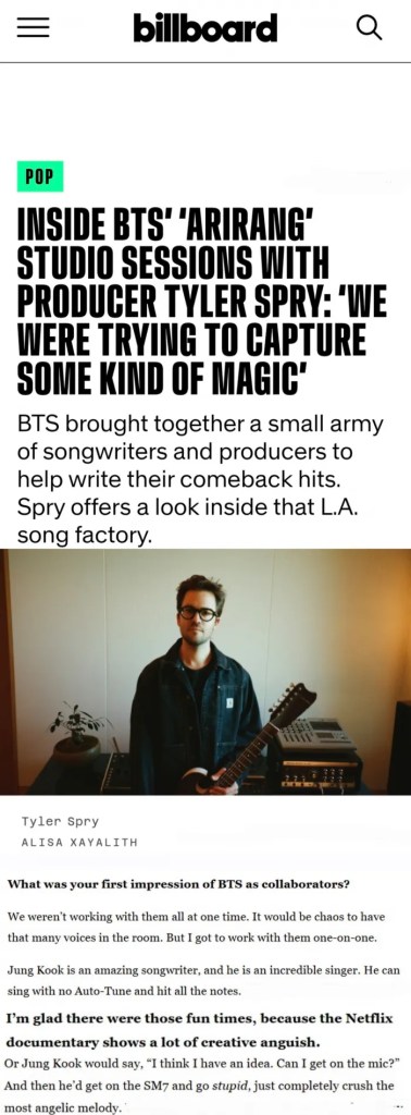 Screenshot of a Billboard article featuring an interview with producer Tyler Spry discussing BTS's studio sessions and collaboration.