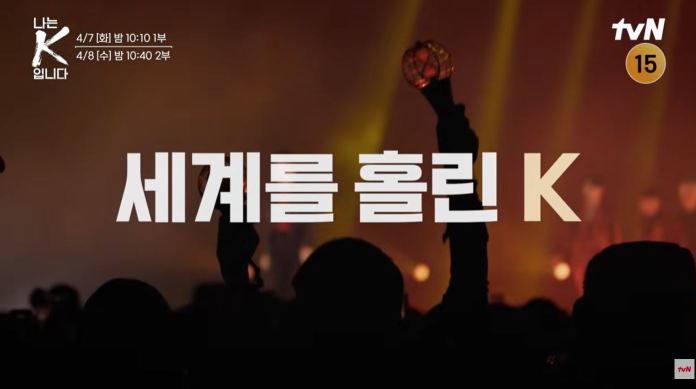 A silhouetted crowd at a concert holding light sticks with text overlay in Korean, promoting a show on tvN.