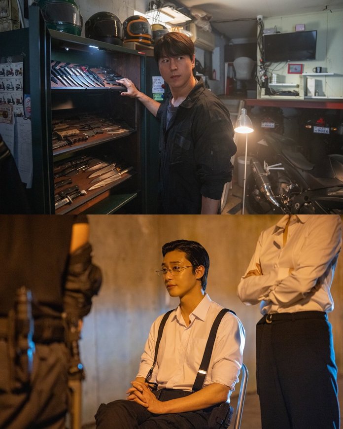 Ryu Soo-young in a black outfit examines a display of knives and firearms in a storage area.