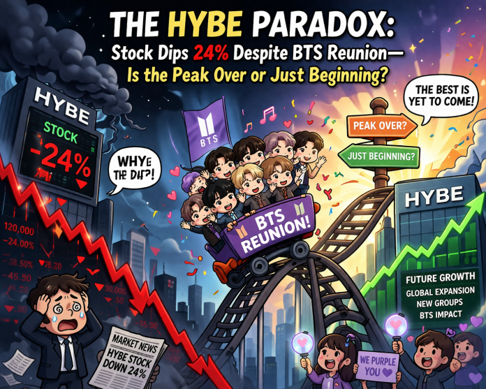 An illustrated graphic titled 'The HYBE Paradox' showing a stock market dip of 24% alongside a cartoon representation of a BTS reunion. The image features a roller coaster design with characters expressing various emotions, alongside text questioning if the market peak is over or just beginning. Visual elements include arrows, musical notes, and a newspaper headline discussing the stock decline.
