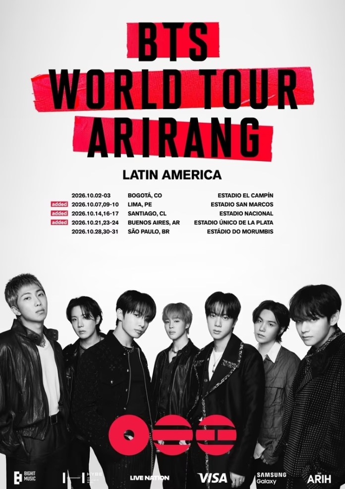 BTS World Tour Arirang poster featuring the tour dates in Latin America and an image of the group members.