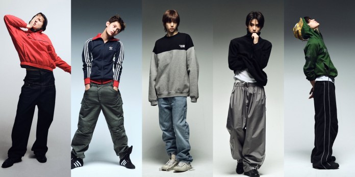 CORTIS members showcasing trendy streetwear, each in unique poses. The outfits include colorful jackets, oversized sweatshirts, and baggy pants, highlighting a modern urban style.