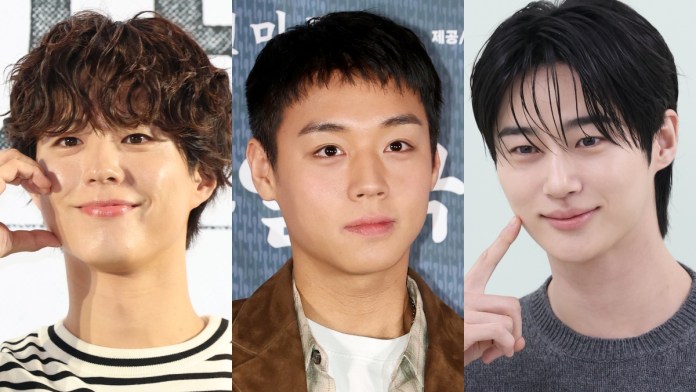 A montage of Park Bo-gum, Park Ji-hoon and Byeon Woo-seok smiling at the camera, each showcasing different hairstyles and clothing styles.