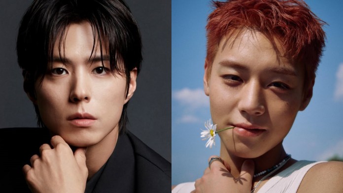 A portrait of Park Bo-gum and Park Ji-hoon side by side. On the left, Park Bo-gum with long, dark hair wearing a black suit, looking directly at the camera. On the right, Park Ji-hoon with short, reddish-brown hair, smiling while holding a daisy in his mouth, against a blue sky.