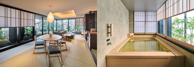 Left: FUFU Tokyo Ginza guest room (Executive Luxury Corner Suite) / Right: Private bath in FUFU Luxury Premium Suite with natural hot spring water brought from Atami