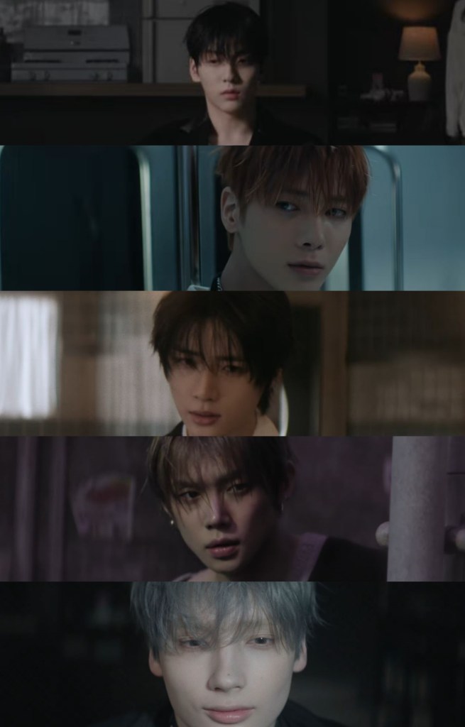 A collage of TXT members  displaying various expressions and hairstyles against different backdrops, conveying a sense of mood and emotion.