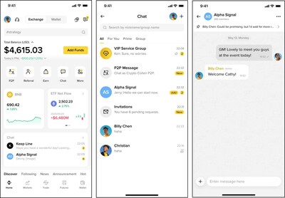 Binance Chat lets users connect with friends and family, join discussions, share content, manage assets, and move crypto without switching between apps. Figures and text for illustration purposes only. (PRNewsfoto/Binance)