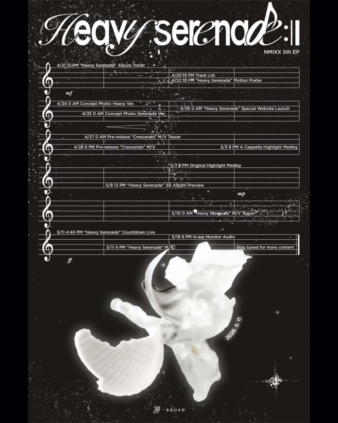 Promotional schedule for NMIXX's 5th EP 'Heavy Serenade' featuring important dates and visual elements, including a white shell design and musical notes.