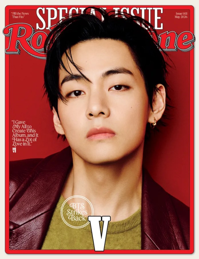 Close-up of BTS V with dark hair and a serious expression, featured on the cover of Rolling Stone magazine, May 2026 issue, with a red background and title text.