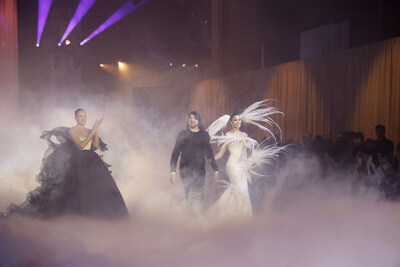 Designer Stéphane Rolland and models Nieves Álvarez and Ariadna Gutiérrez during the Barcelona Bridal Night runway show.