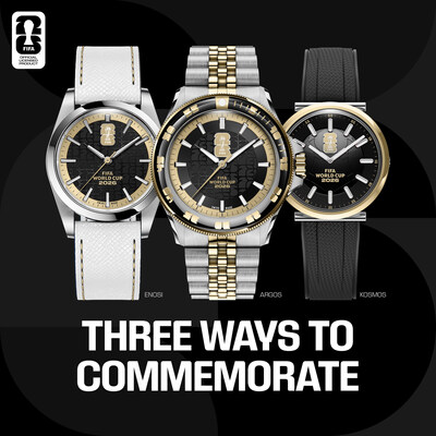 The three tiers of AXIA watches for the FIFA 2026 World Cup, shown here in the tournament design. Fourteen nations will have country-specific designs released in staggered drops.