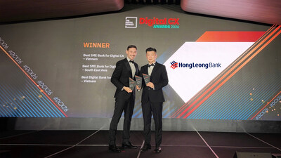 Fred Lim (right), HLB’s Chief Digital Commercialisation Officer, receiving the awards at the Digital Banker Digital CX Awards 2026 ceremony held in Ho Chi Minh City, Vietnam