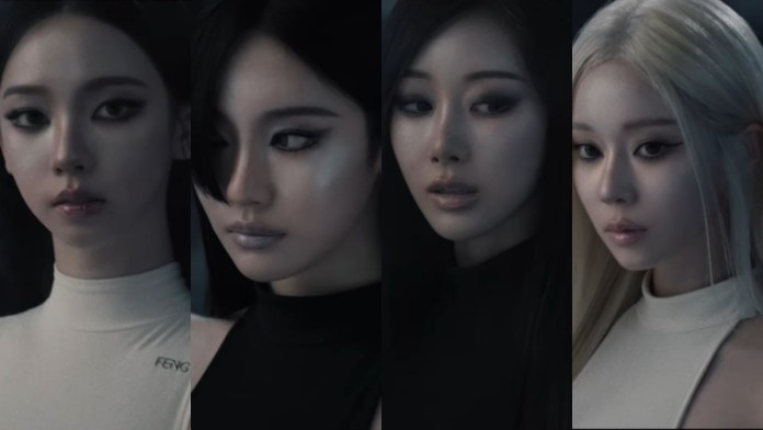 Aespa members with varied hairstyles and makeup, showcasing a dramatic and artistic visual style, each wearing different outfits.