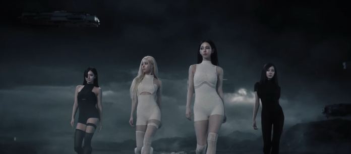 Aespa members walking confidently in a dark, atmospheric setting, wearing form-fitting outfits. The scene features an otherworldly background with mist and a spaceship in the sky.