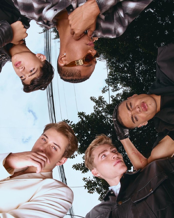 Santos Bravos posing together from an overhead perspective, showcasing a mix of styles in their clothing against a backdrop of trees and sky.