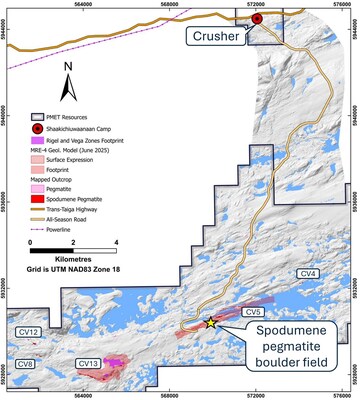 Figure 1: Location immediately adjacent to outcropping CV5 Pegmatite where the spodumene pegmatite boulders were collected. 
