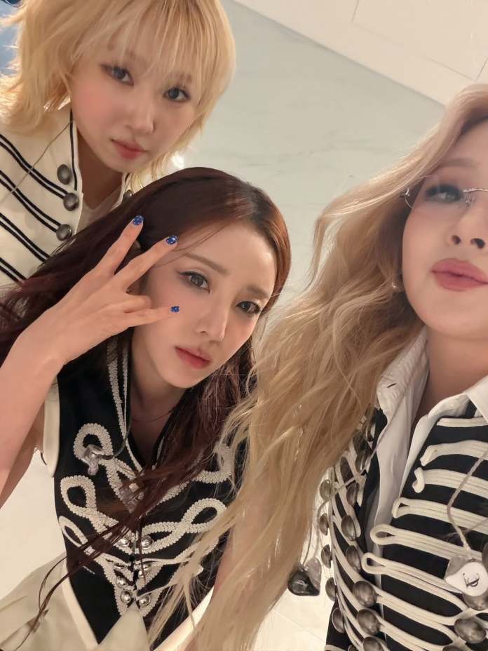 Sandara Park, CL and Minzy posing for a selfie, all wearing stylish outfits with black and white patterns. Sandara Park shows a hand gesture, while the others smile at the camera.