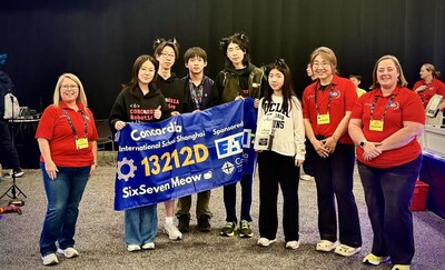 Concordia students (Jessica J, John D, Ethan H, Mak T, Yolanda L) with judges at the 2026 VEX Robotics World Championship