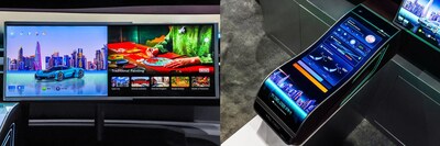 Intelligent Cockpit Display Suite 3.0 – World's First IJP OLED Sliding Central Control Display (28"; left) and World's First IJP OLED Curved Armrest Display (28"; right)